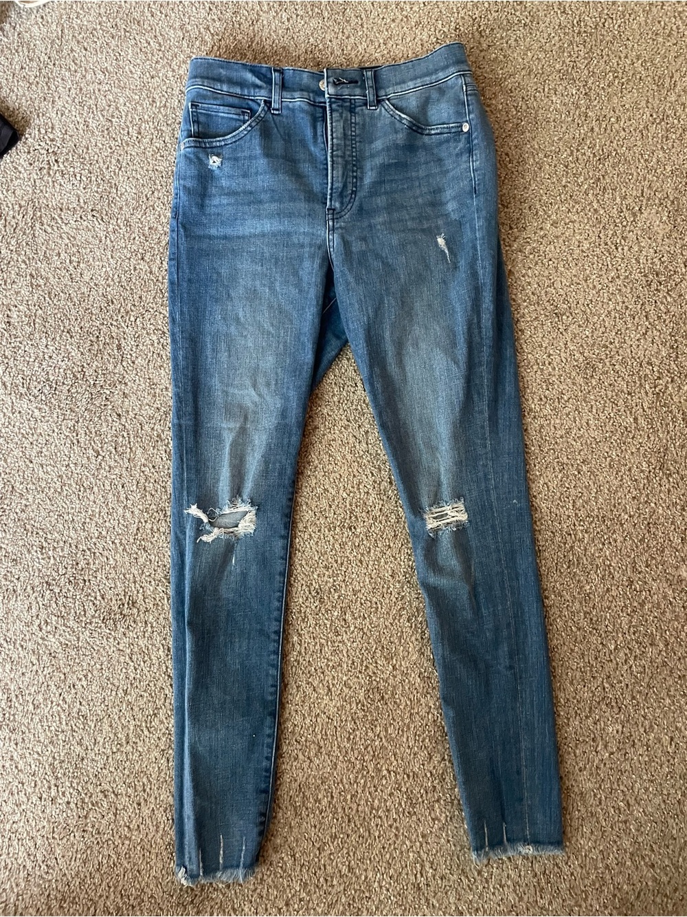 Express Women's Skinny Jeans in Dark Blue with Distressed Knees